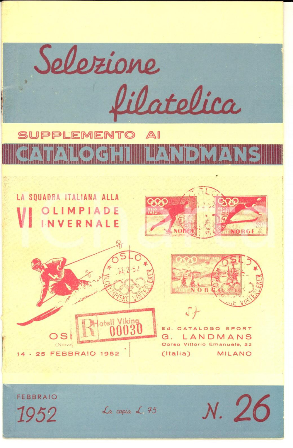 Materiale pubblicitario d’epoca 1952 MILANO Supplemento cataloghi LANDMANS Selezione filatelica ILLUSTRATA N° 26 1