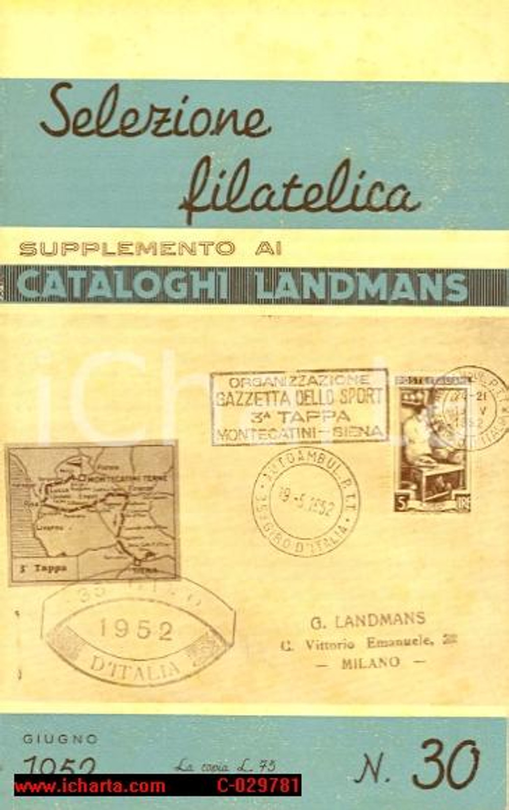 Materiale pubblicitario d’epoca 1952 MILANO Supplemento cataloghi LANDMANS Selezione filatelica ILLUSTRATA 1