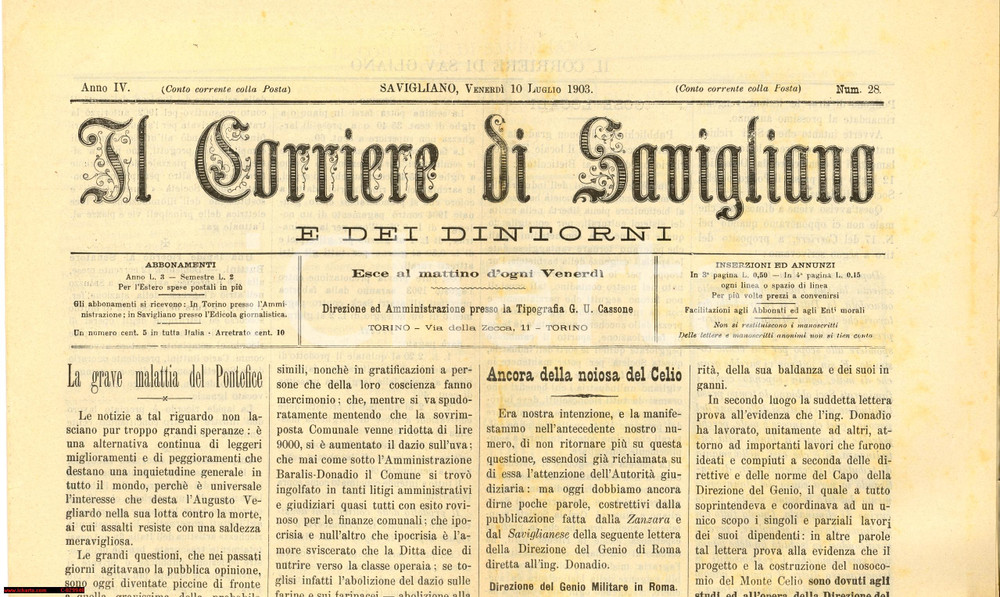 Giornale, rivista storica 1903 IL CORRIERE DI SAVIGLIANO settimanale 1