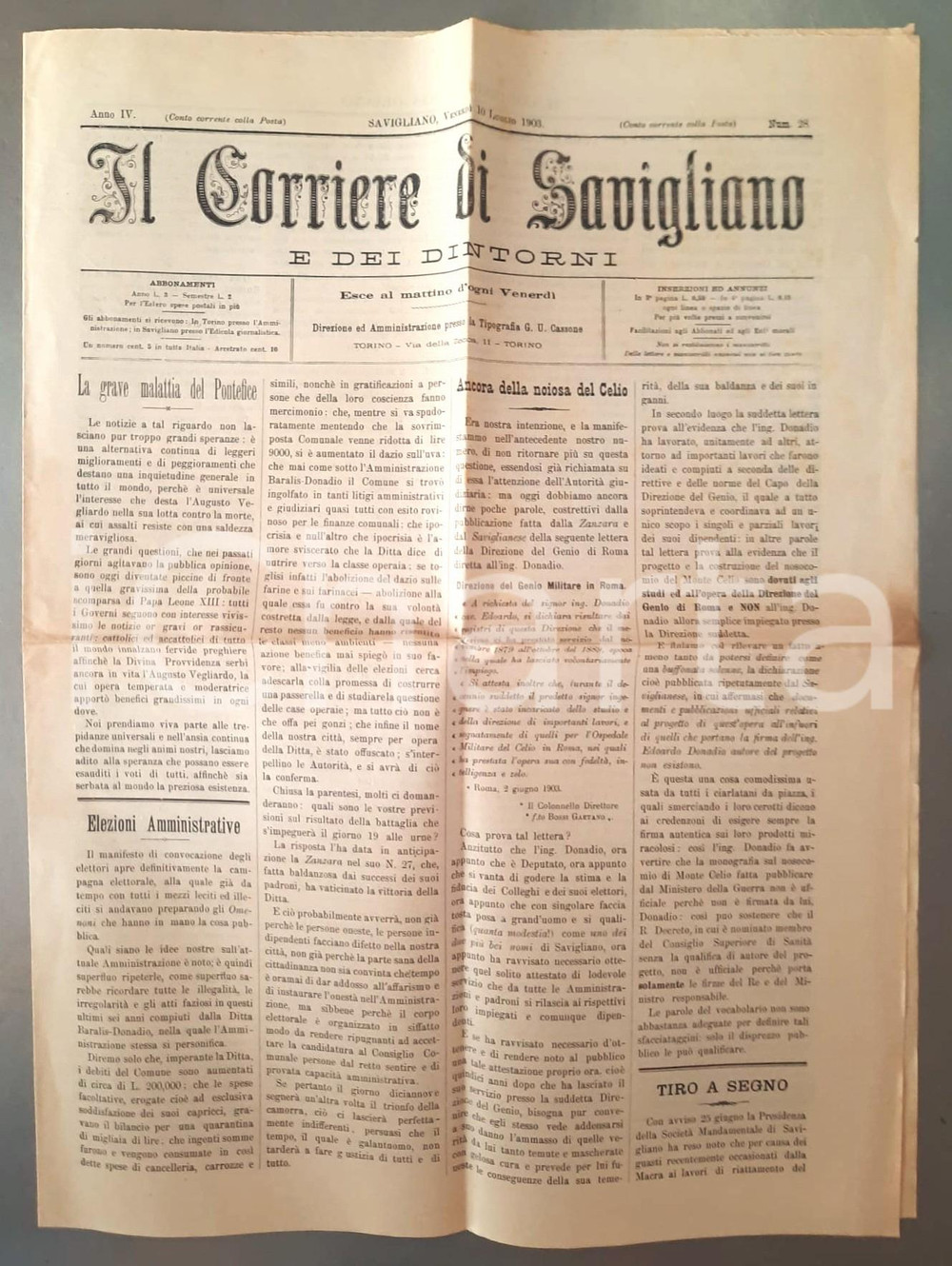Giornale, rivista storica 1903 IL CORRIERE DI SAVIGLIANO  Elezioni amministrative Giornale settimanale 1