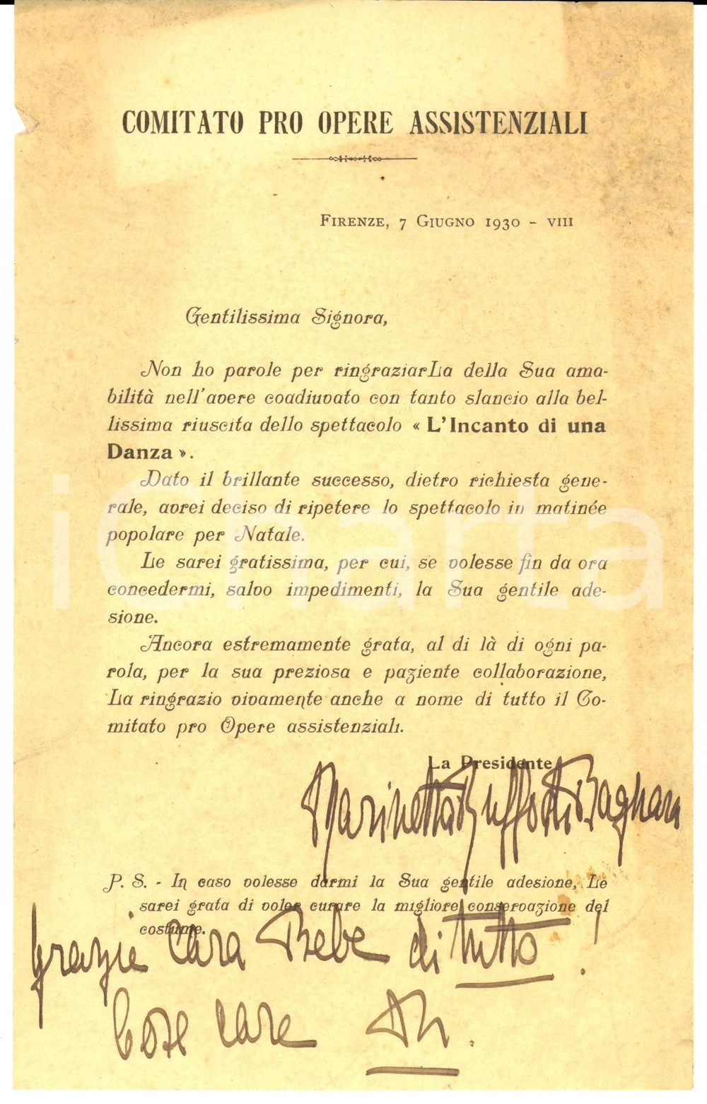 Autografo originale 1930 FIRENZE Marinetta DI FRASSINETO RUFFO ringrazia per beneficenza AUTOGRAFO 1