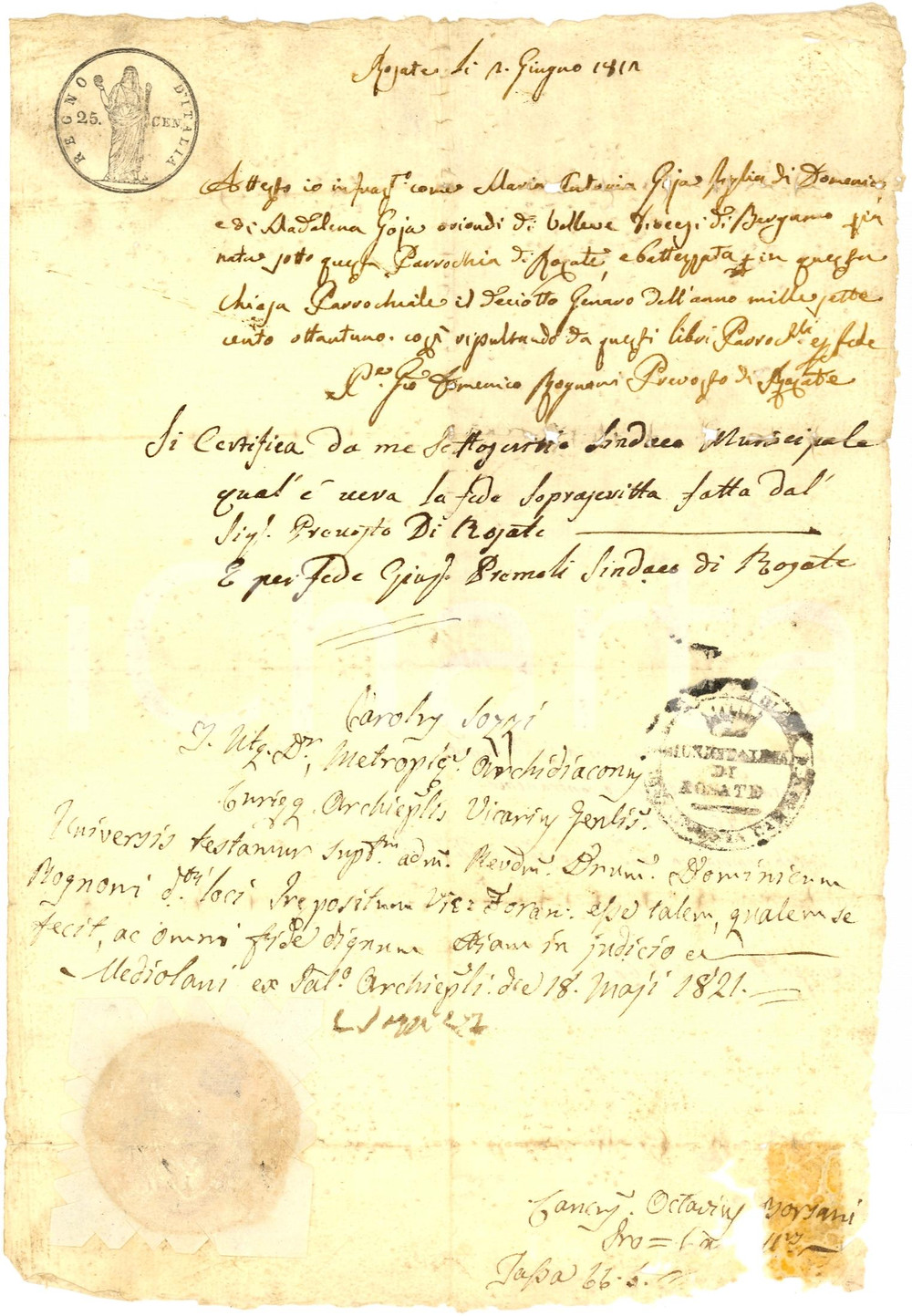 Documento originale, autentico 1812 ROSATE (MI) Fede di Battesimo Maria Caterina GOIA 1
