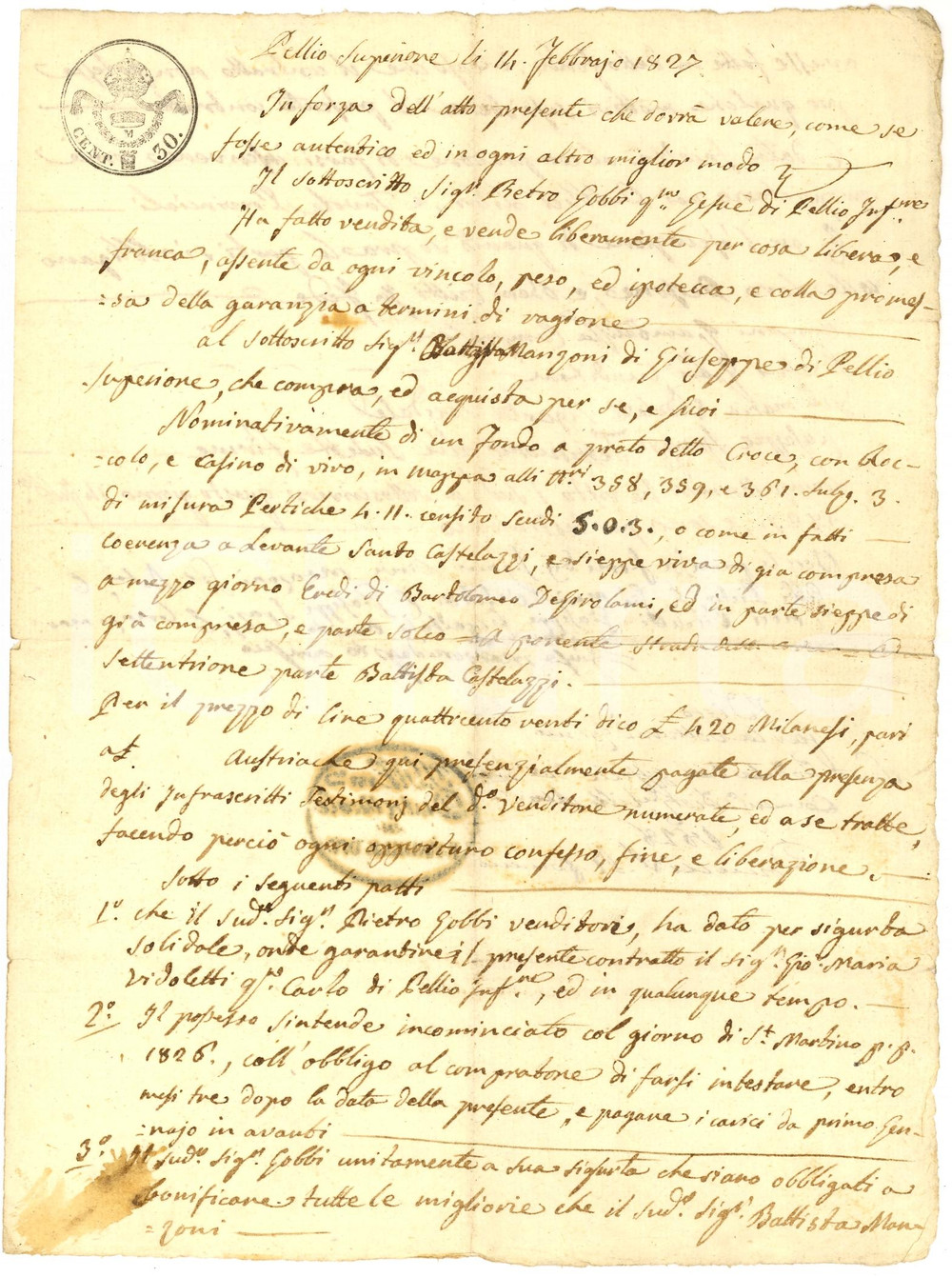 Documento originale, autentico 1827 PELLIO INTELVI (CO) Pietro GOBBI vende prato CROCE 1