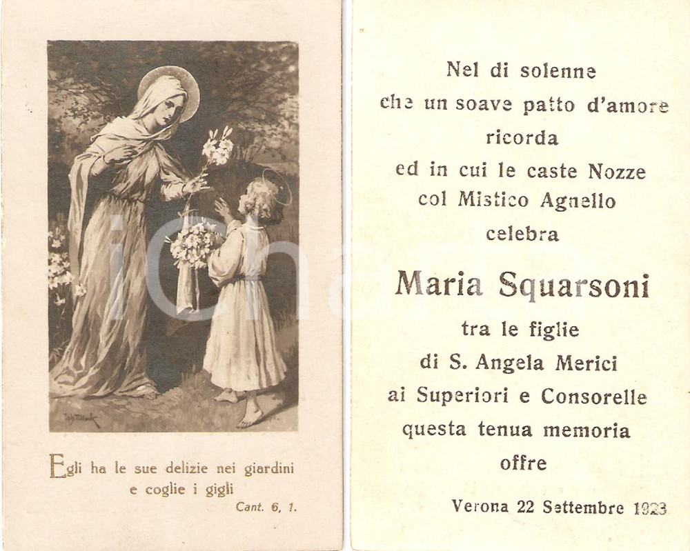 Oggetto da collezione cartaceo 1923 VERONA Compagnia delle dimesse di SANT'ORSOLA Maria SQUARSONI Anniversario 1