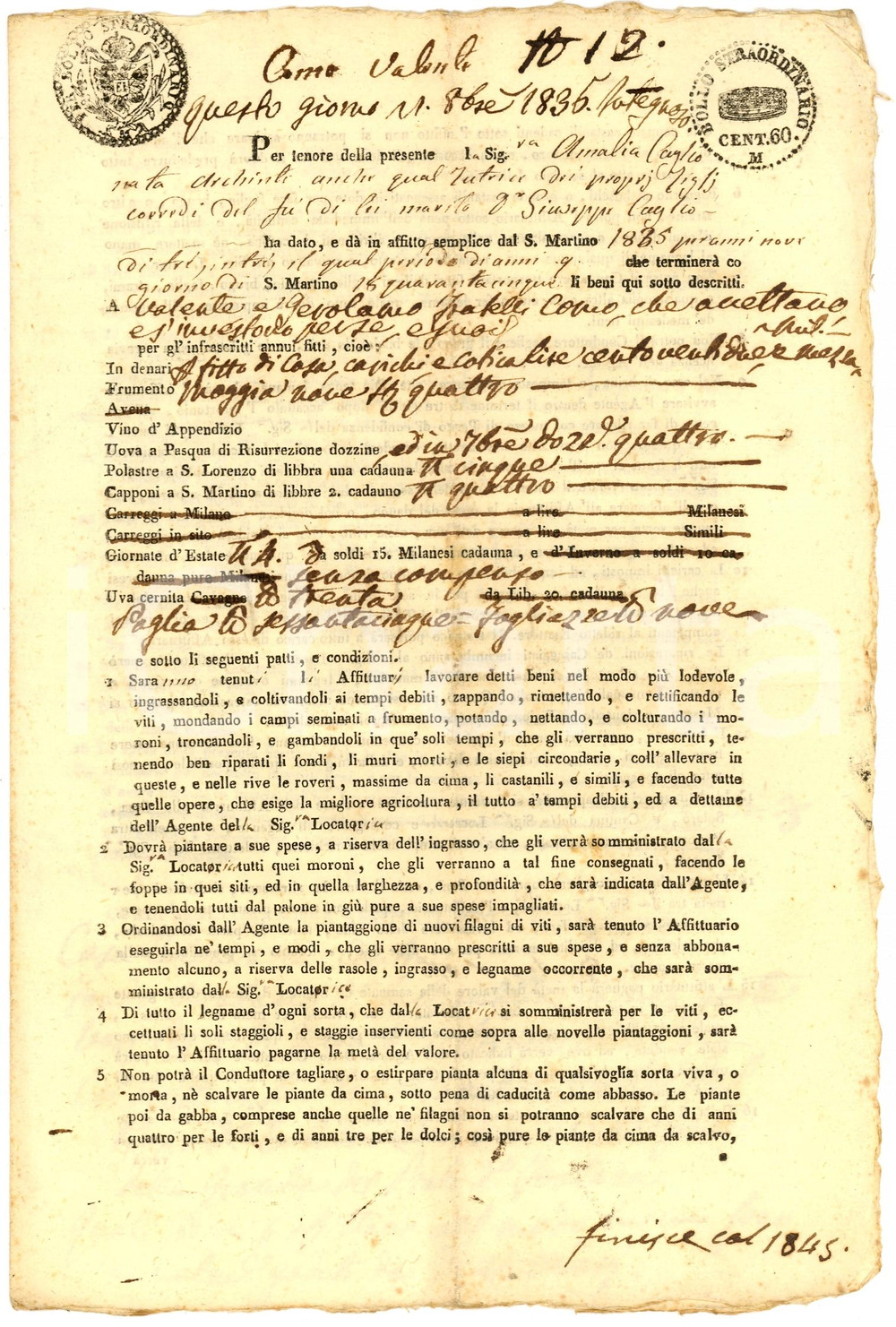Documento originale, autentico 1835 MILANO Patti agrari di Valente e Gerolamo COMO 1
