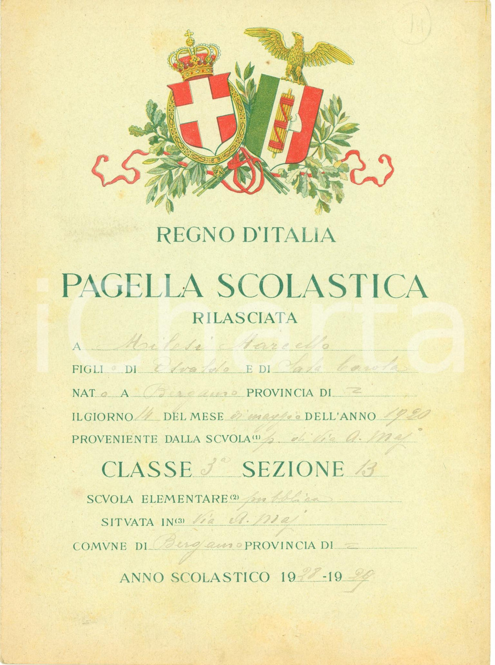 Oggetto da collezione cartaceo 1929 BERGAMO Pagella Marcello MILESI Scuola elementare pubblica 1
