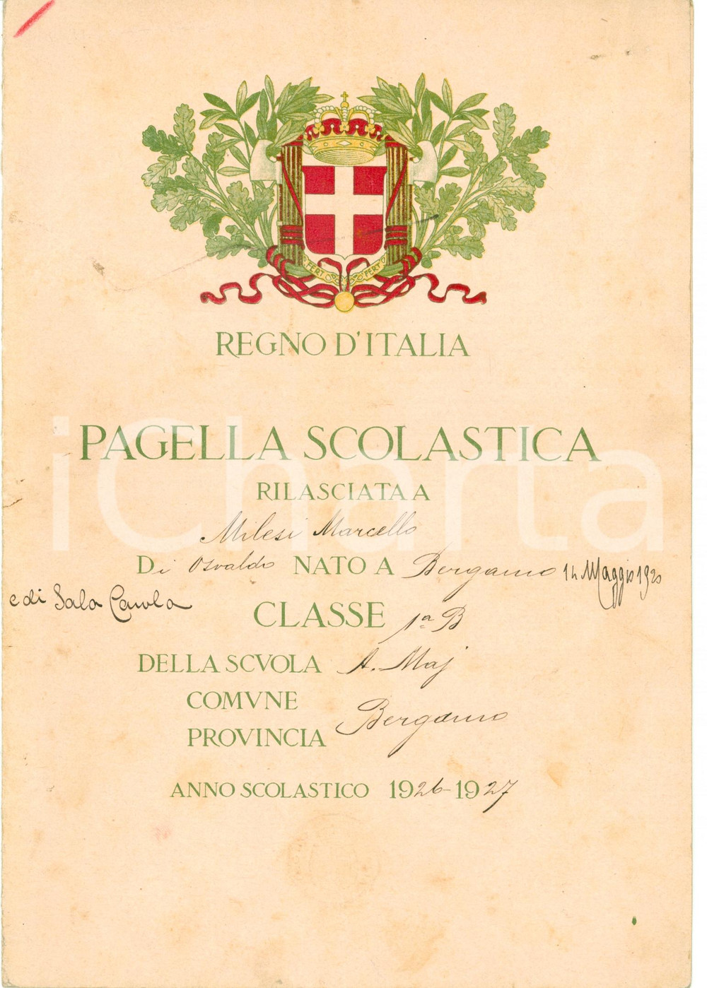Oggetto da collezione cartaceo 1927 BERGAMO Pagella Marcello MILESI Scuola elementare pubblica 1