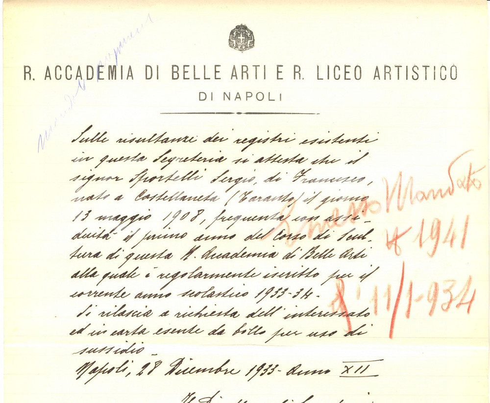 Documento originale, autentico 1933 NAPOLI ACCADEMIA BELLE ARTI Sergio SPORTELLI frequenta Corso di Scultura 1