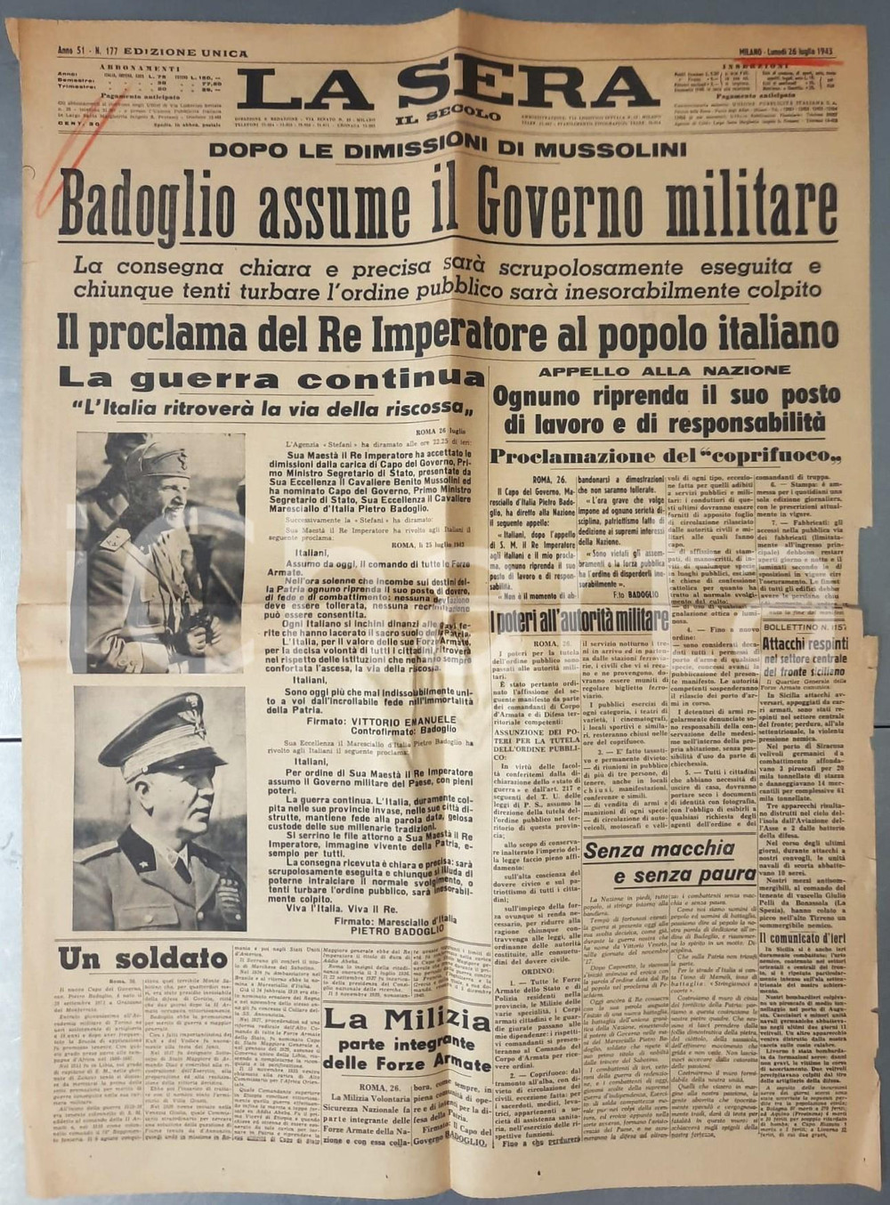 Giornale, rivista storica 1943 WW2 LA SERA  IL SECOLO Dimissioni Mussolini  Badoglio assume il governo 1