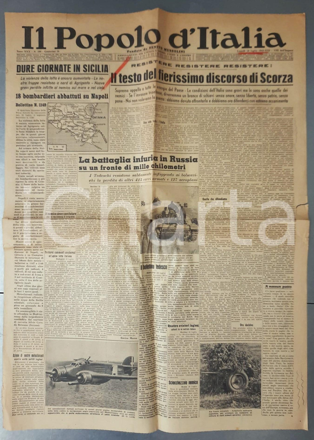 Giornale, rivista storica 1943 WW2 IL POPOLO D ITALIA Discorso di Carlo Scorza  Bombardieri su Napoli 1