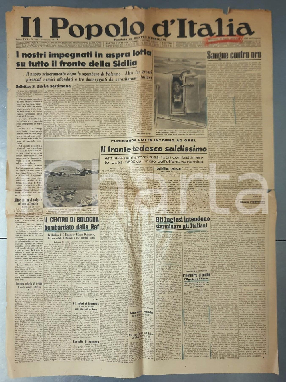 Giornale, rivista storica 1943 WW2 IL POPOLO D ITALIA Lotta in Sicilia  Bologna bombardata dalla RAF 1
