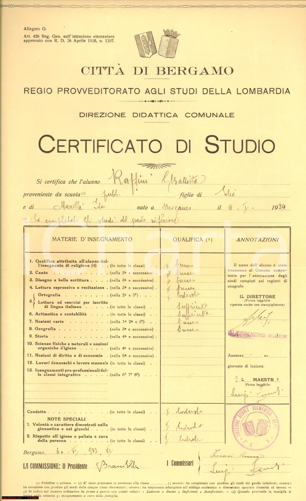Oggetto da collezione cartaceo 1933 BERGAMO Certificato di studio Giambattista RAFFINI 1