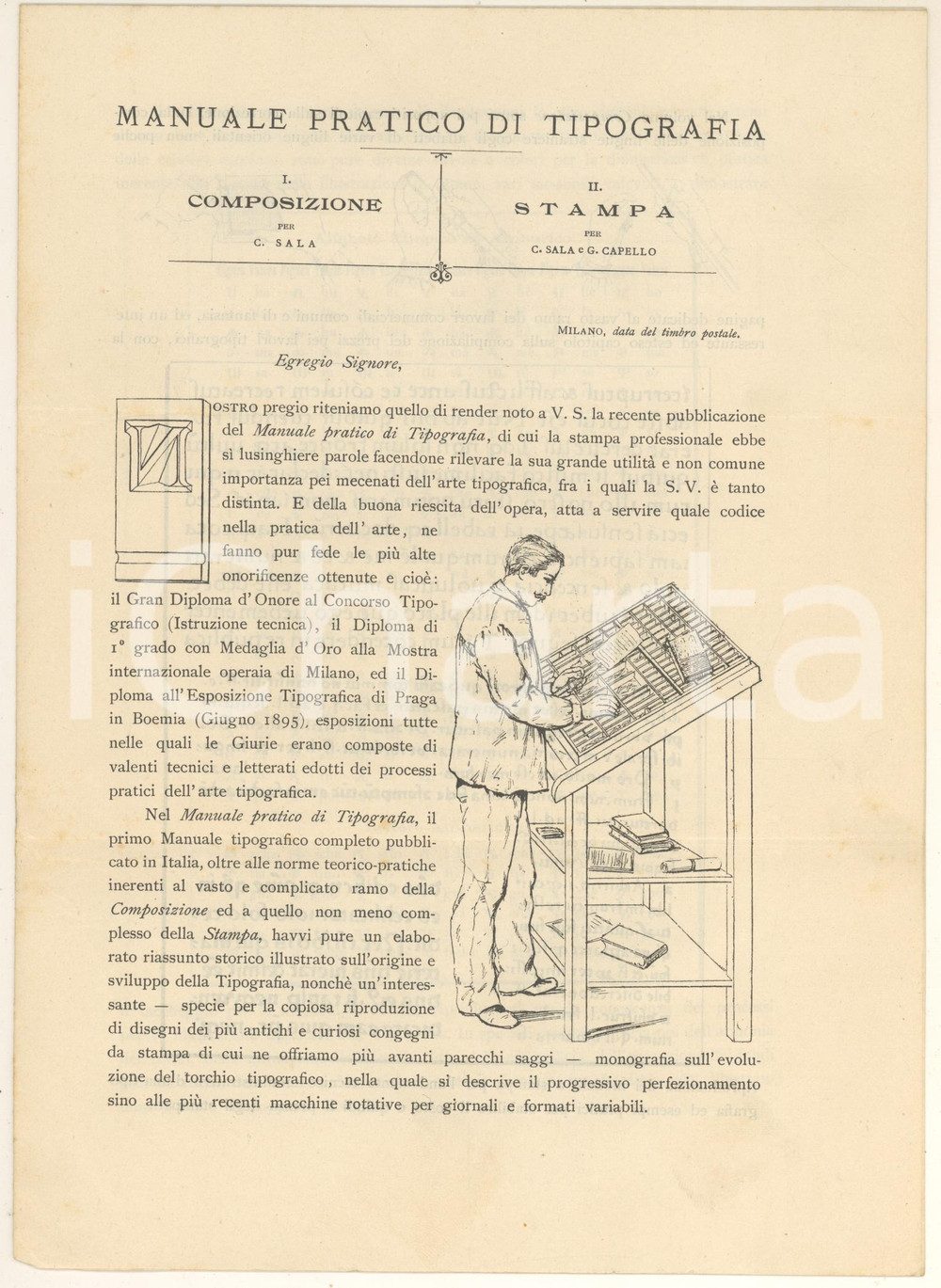 Materiale pubblicitario d’epoca 1905 C. SALA G. CAPELLO Manuale pratico di tipografia Pieghevole ILLUSTRATO 1