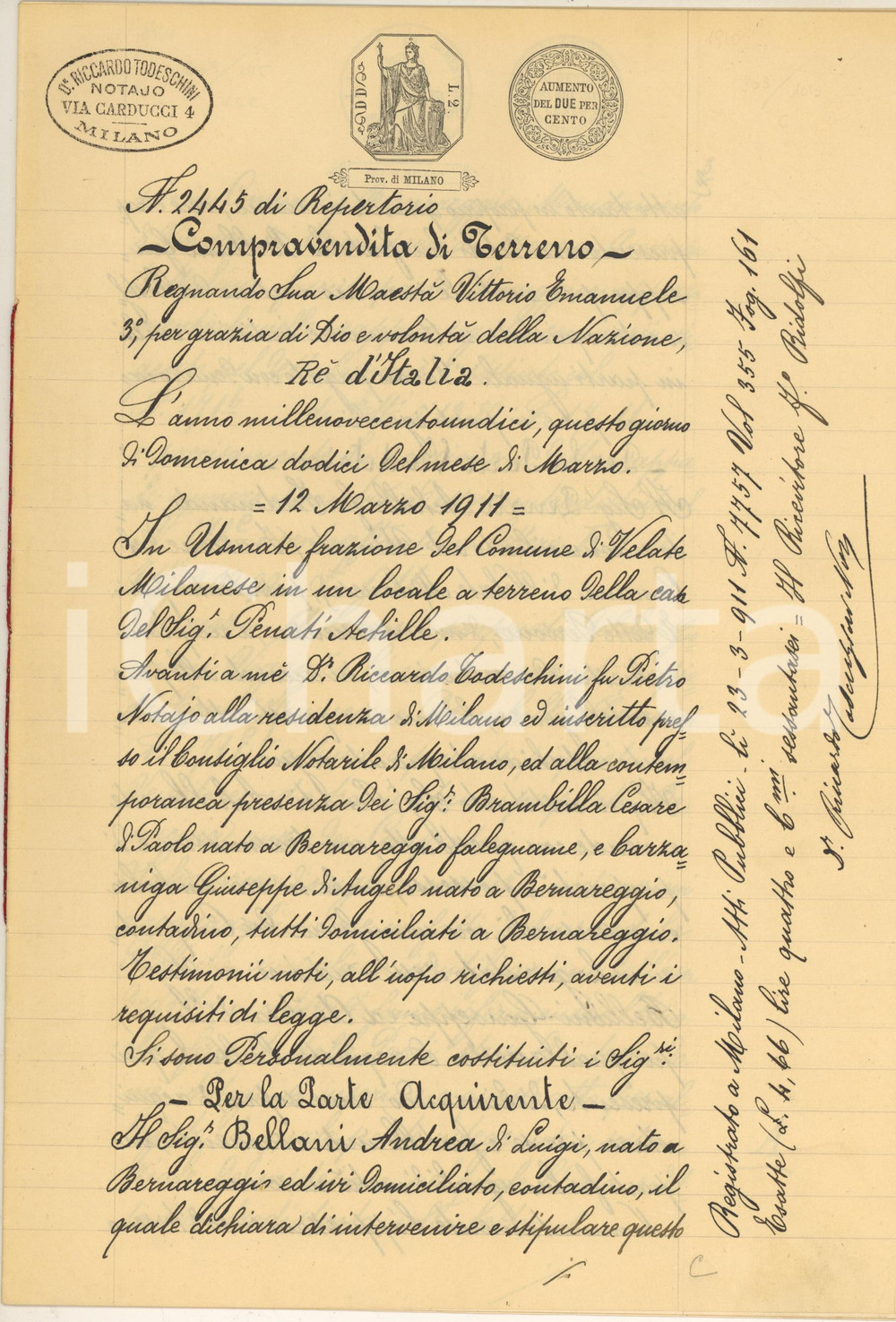 Documento originale, autentico 1911 BERNAREGGIO MB Achille PENATI vende terreno a Giuseppe BELLANI Documento 1
