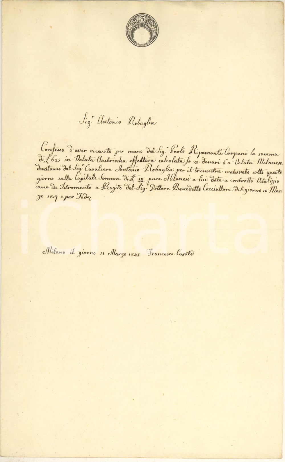 Documento originale, autentico 1845 MILANO Ricevuta Francesca CASATI ad Antonio ROBAGLIA per saldo debito 1