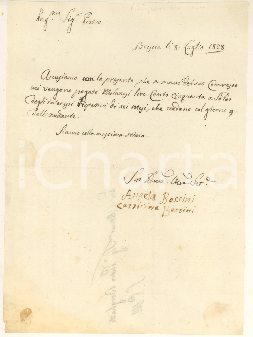 Documento originale, autentico 1828 BRESCIA Ricevuta Angela e Caterina BOSSINI Filigrana con leonessa 1