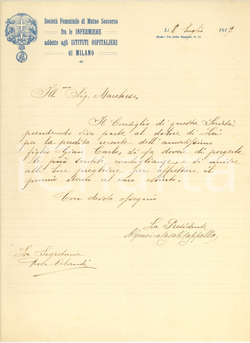 Documento originale, autentico 1917 MILANO Società Mutuo Soccorso Infermiere Lettera Alfonsina CASATI CAPPELLO 1