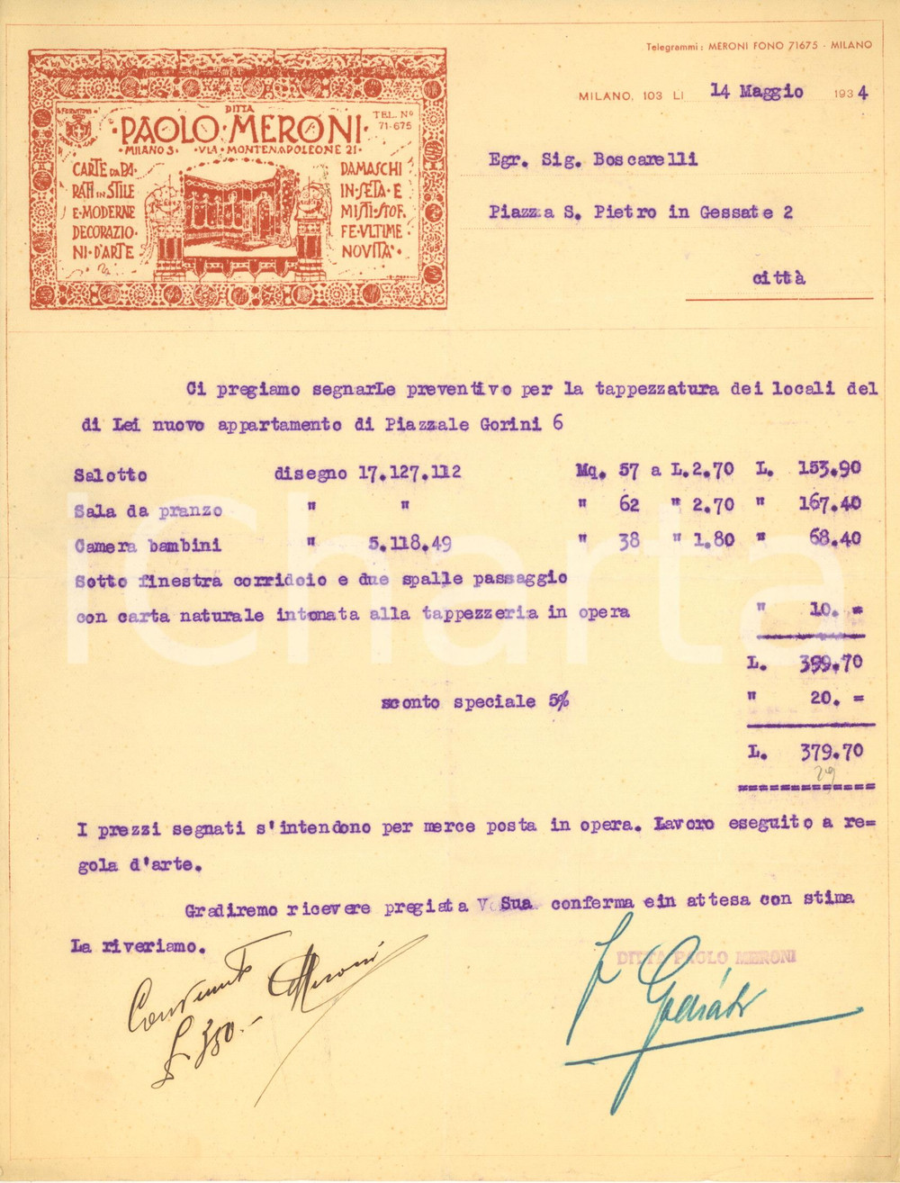 Documento originale, autentico 1934 MILANO via Montenapoleone  Ditta Paolo MERONI Carte da parati Preventivo 1