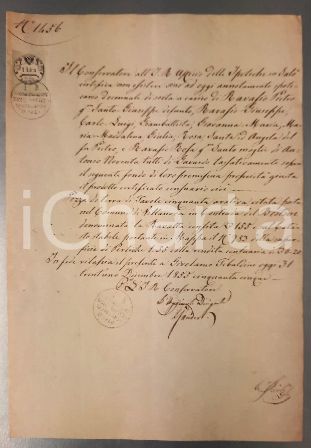Documento originale, autentico 1855 VILLANUOVA SUL CLISI Assenza carichi su terra LA RAVATTA famiglia RAVASIO 1