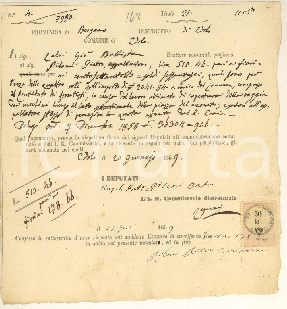 Documento originale, autentico 1859 EDOLO BS Saldo a Pietro PILONI per copertura roggia mulini Documento 1