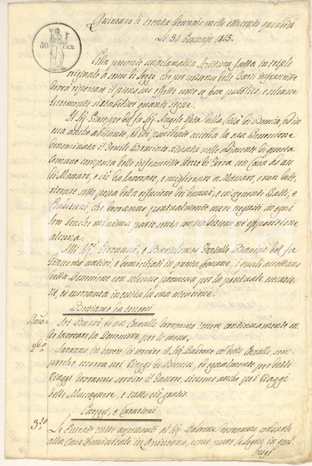 Documento originale, autentico 1815 QUINZANO D OGLIO Giuseppe ROTA concede terra con casa ai fratelli BASSINI 1