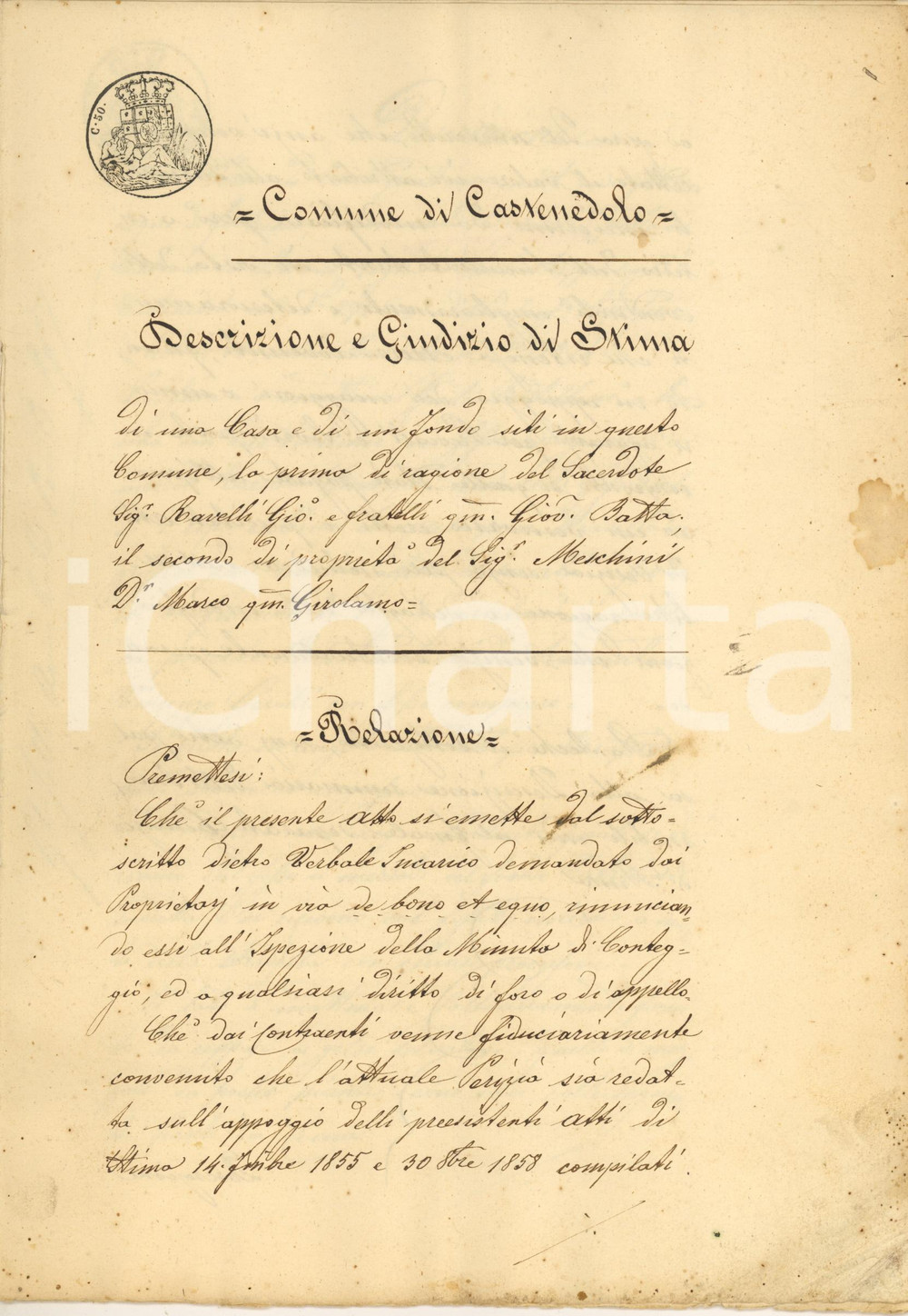 Documento originale, autentico 1863 CASTENEDOLO Stima casa don Giovanni RAVELLI e fondo don Marco MESCHINI 1