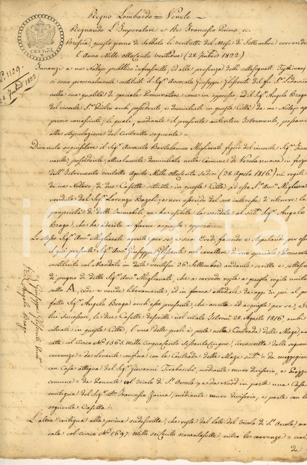 Documento originale, autentico 1822 BRESCIA Avv. Bartolomeo MIGLIORATI vende due casette ad Angelo BRAGA 1