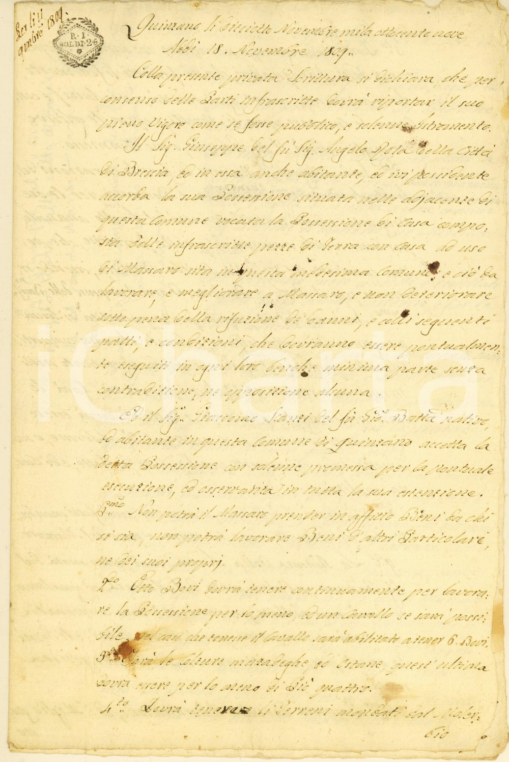 Documento originale, autentico 1809 QUINZANO D OGLIO Giuseppe ROTA accorda fondo al massaro Giacomo SCANZI 1