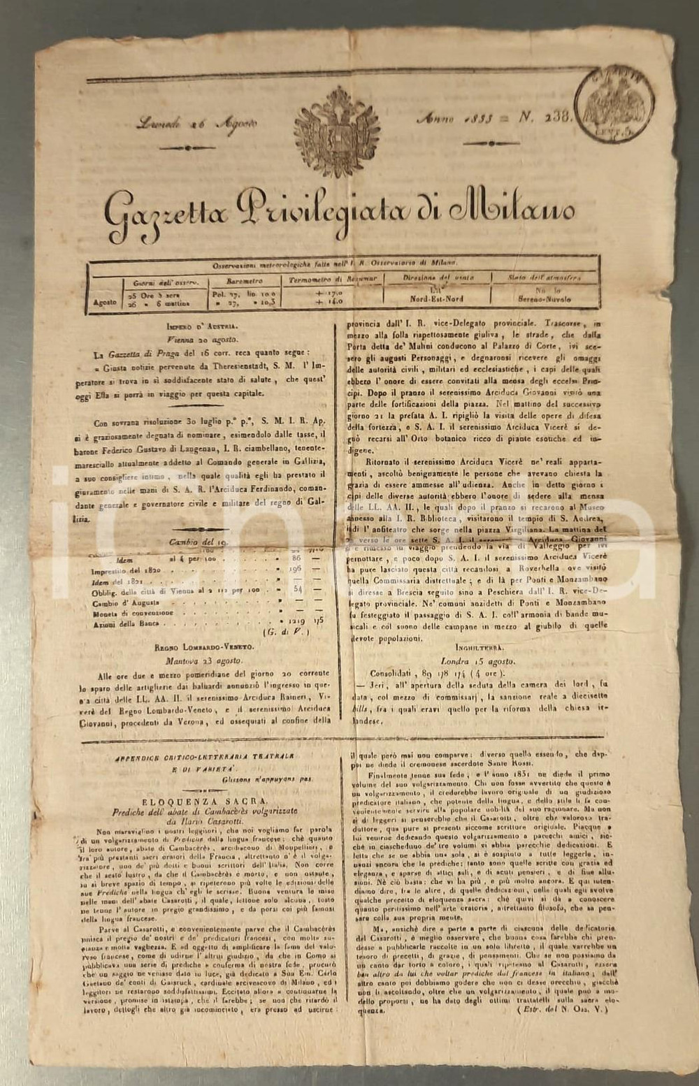 Giornale, rivista storica 1833 GAZZETTA PRIVILEGIATA DI MILANO Viceré Ranieri a Mantova  Giornale 1