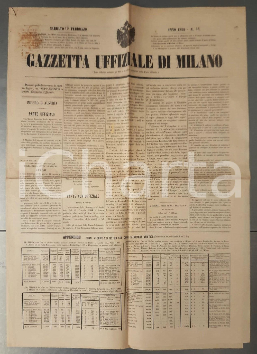Giornale, rivista storica 1855 GAZZETTA UFFICIALE DI MILANO Il Piemonte e la Guerra di Crimea  Giornale 1