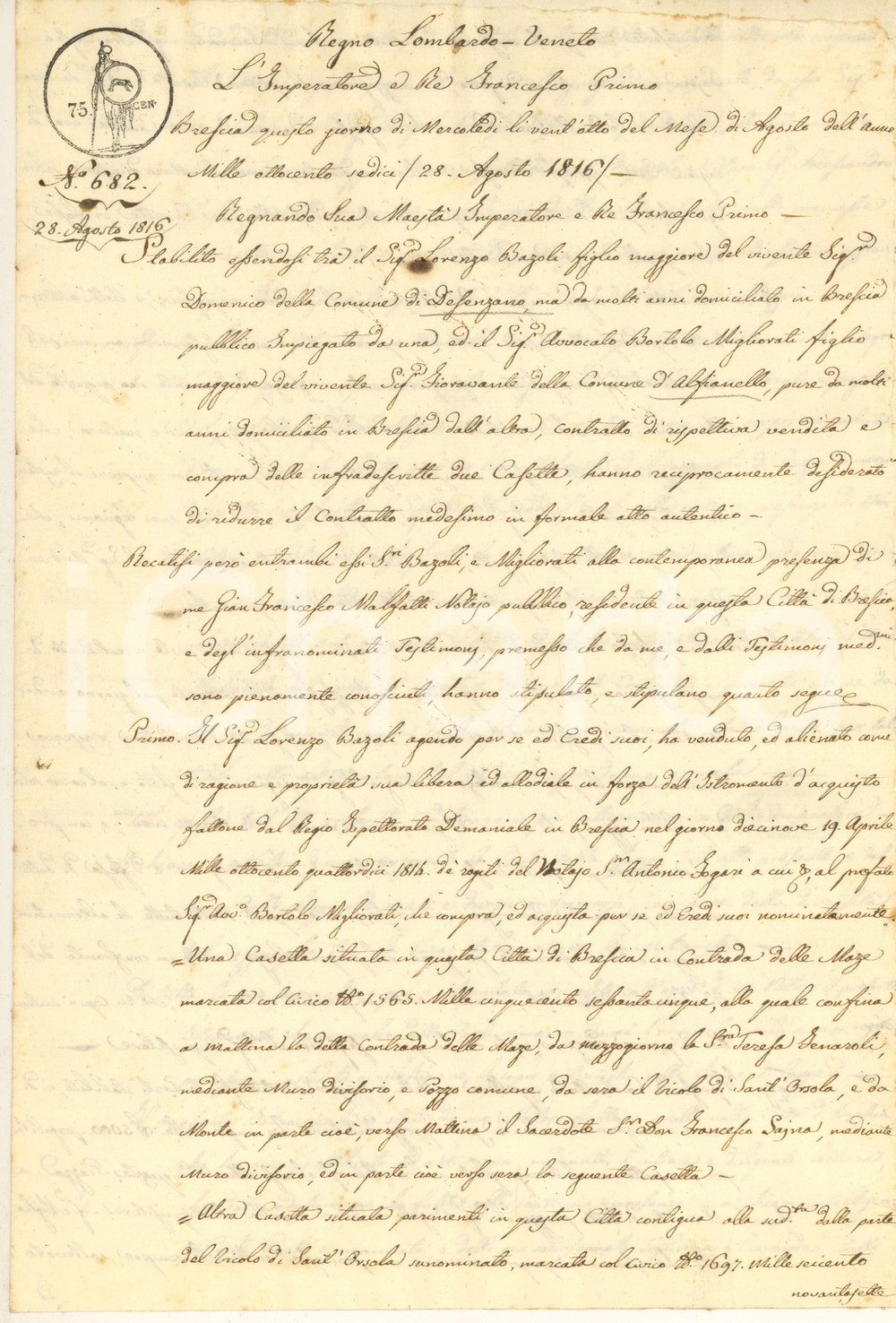 Documento originale, autentico 1816 BRESCIA Avv. Bartolomeo MIGLIORATI compra due casette da Lorenzo BAZOLI 1