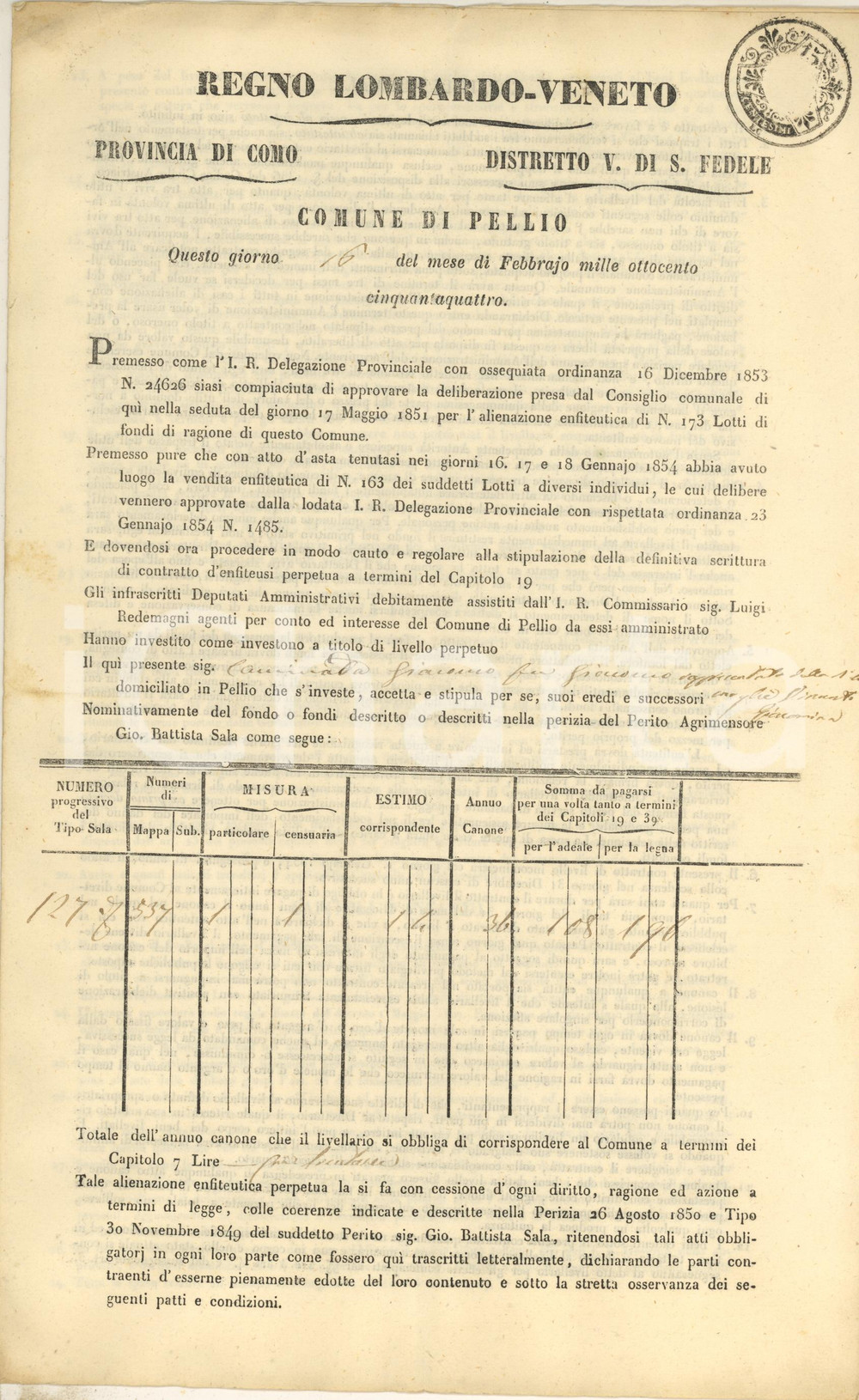 Documento originale, autentico 1854 PELLIO INTELVI Giacomo CAMINADA  Investitura livello perpetuo su un fondo 1