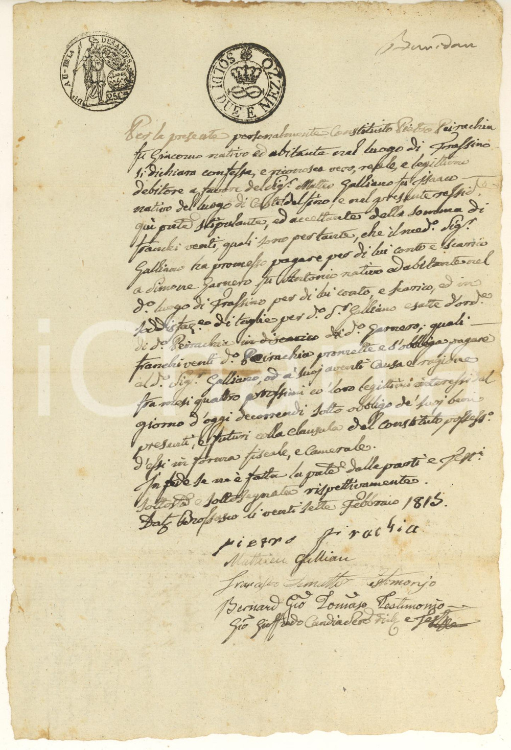 Documento originale, autentico 1815 FRASSINO CN Obbligo Pietro PEIRACCHIA debitore di Matteo GALLIANO 1