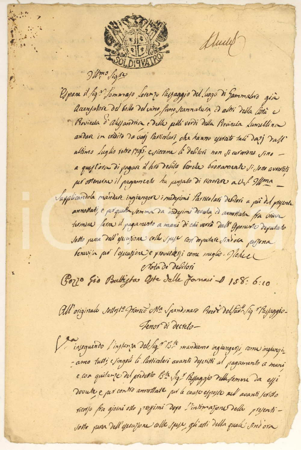 Documento originale, autentico 1798 GAMALERO AL Crediti Tommaso Lorenzo PASSAGGIO accensatore del bollo 1