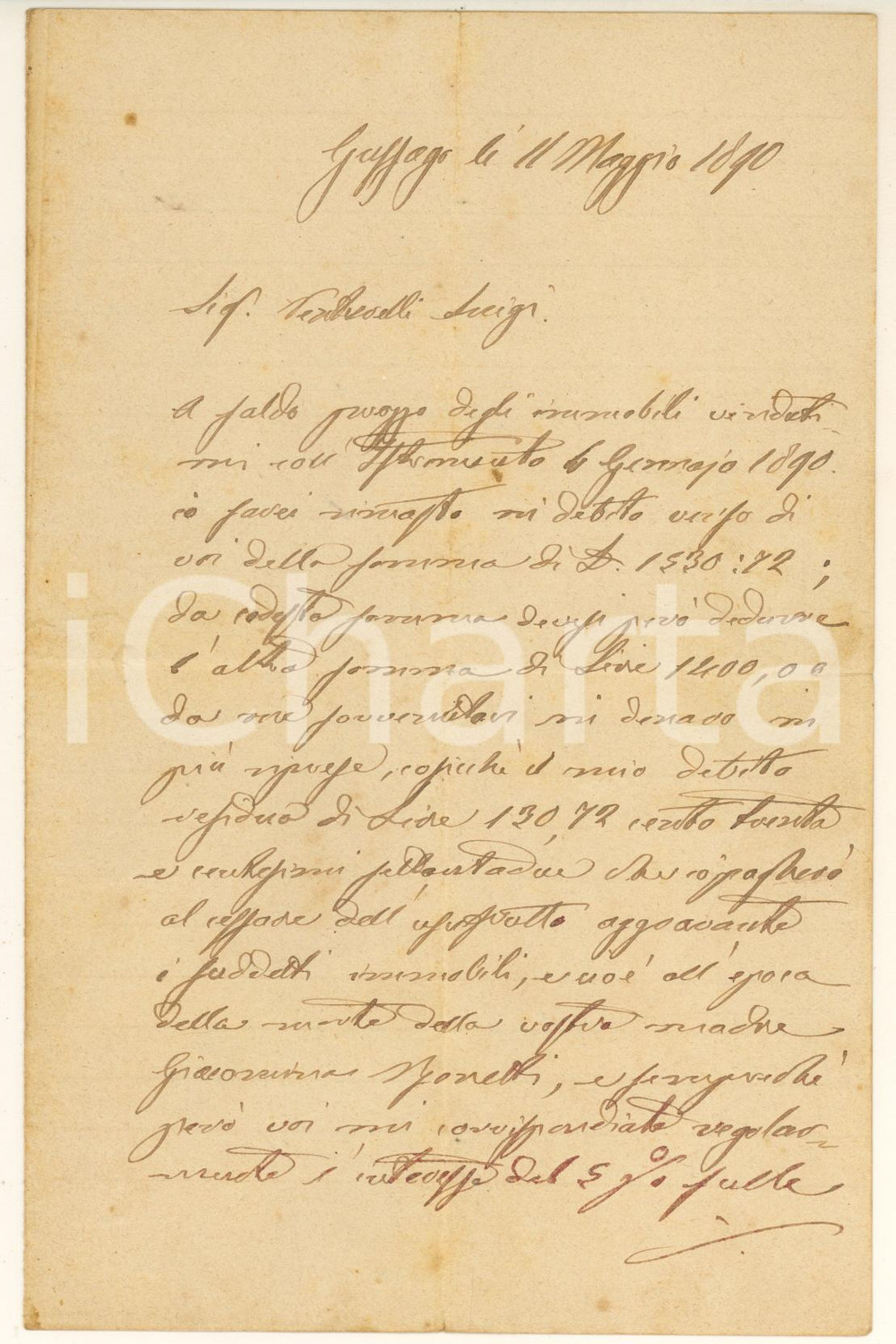 Manoscritto, lettera originale 1890 GUSSAGO BS Francesco VENTURELLI si impegna a saldare debito per immobili 1