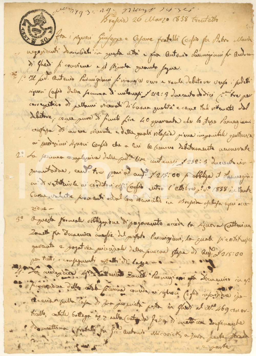 Documento originale, autentico 1838 BRESCIA Antonio PARMIGIANI debitore dei fratelli COGLIO per pellami 1