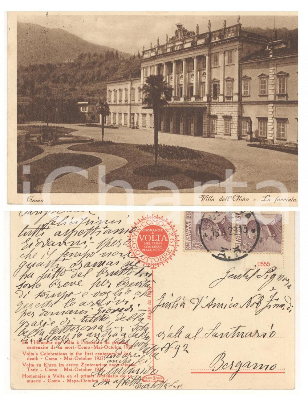 Cartolina originale da collezione 1928 COMO Villa dell'Olmo - Facciata *Cartolina onoranze ad Alessandro VOLTA 1