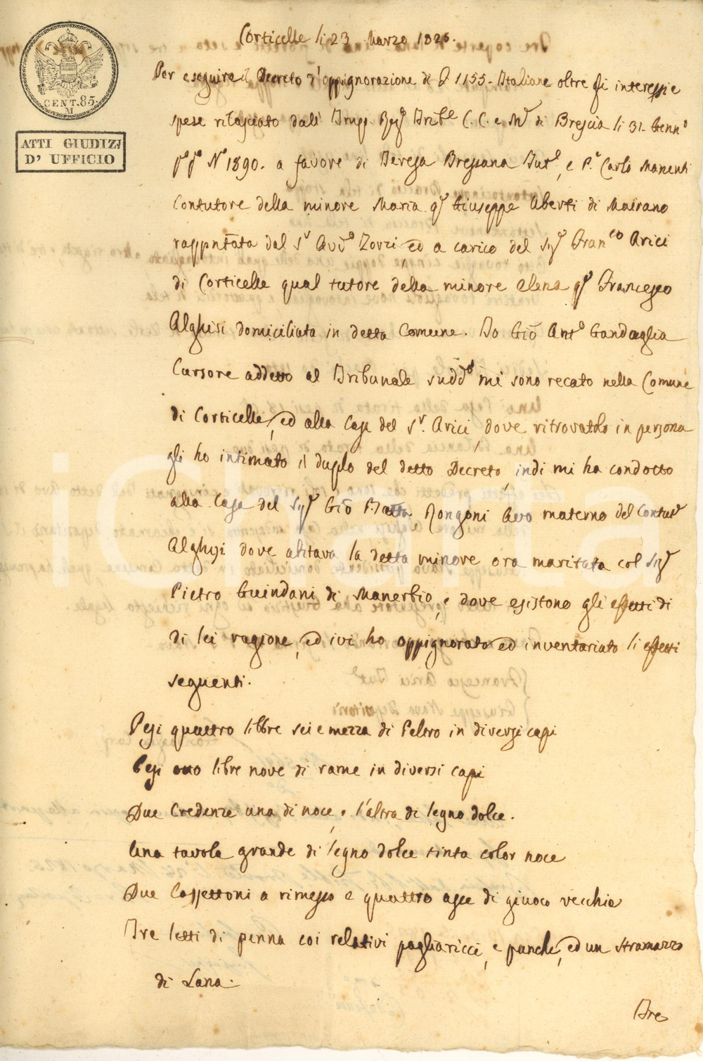 Documento originale, autentico 1826 CORTICELLE Pignoramento beni pro minore Elena ALGHISI sposata Documento 1