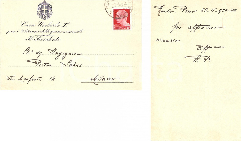 Autografo originale 1930 Carlo PORRO all'ing. Pietro LABUS AUTOGRAFO FP VG 1