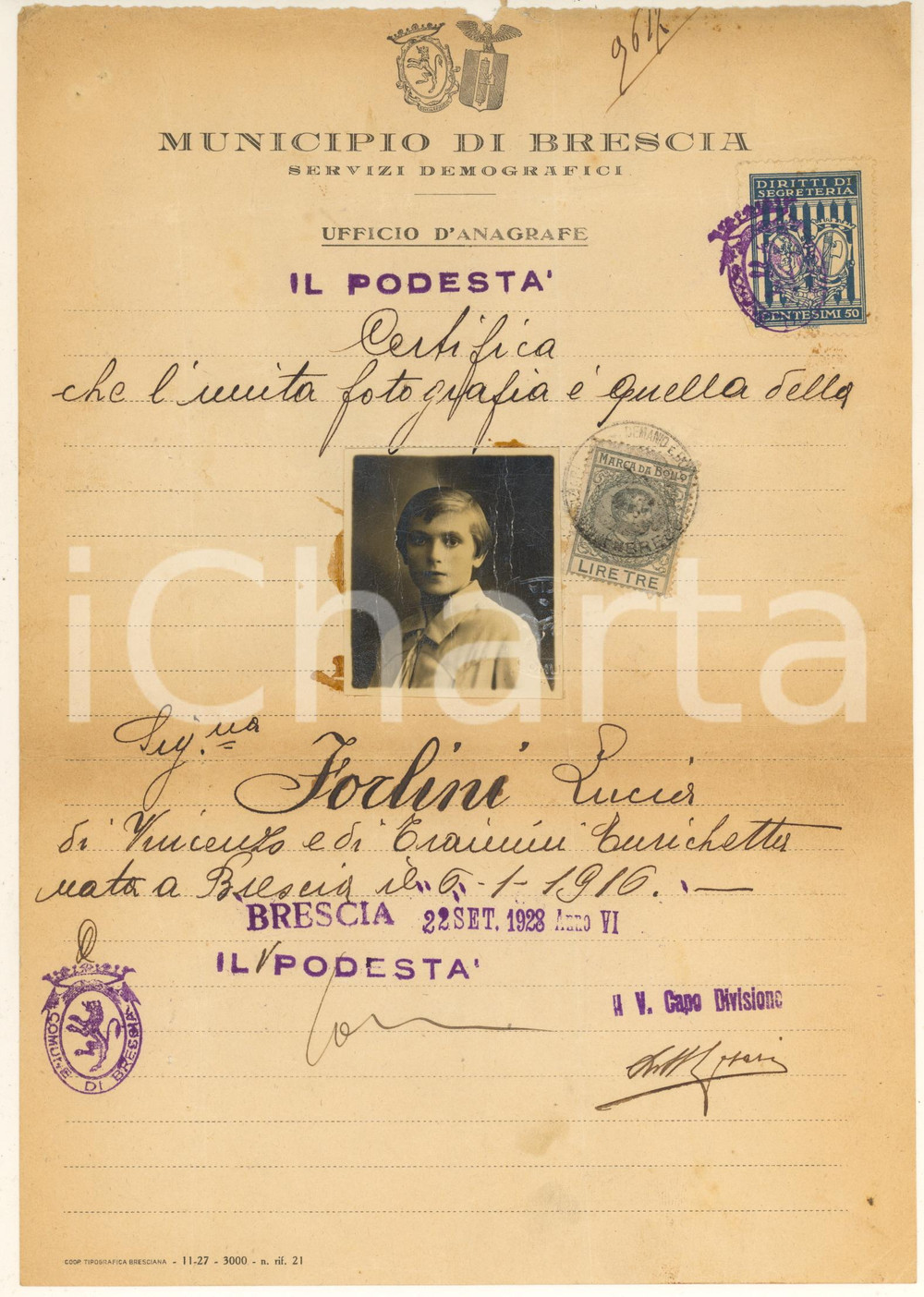 Documento originale, autentico 1928 BRESCIA Certificato autenticitÃ   Fotografia Lucia FORLINI 1