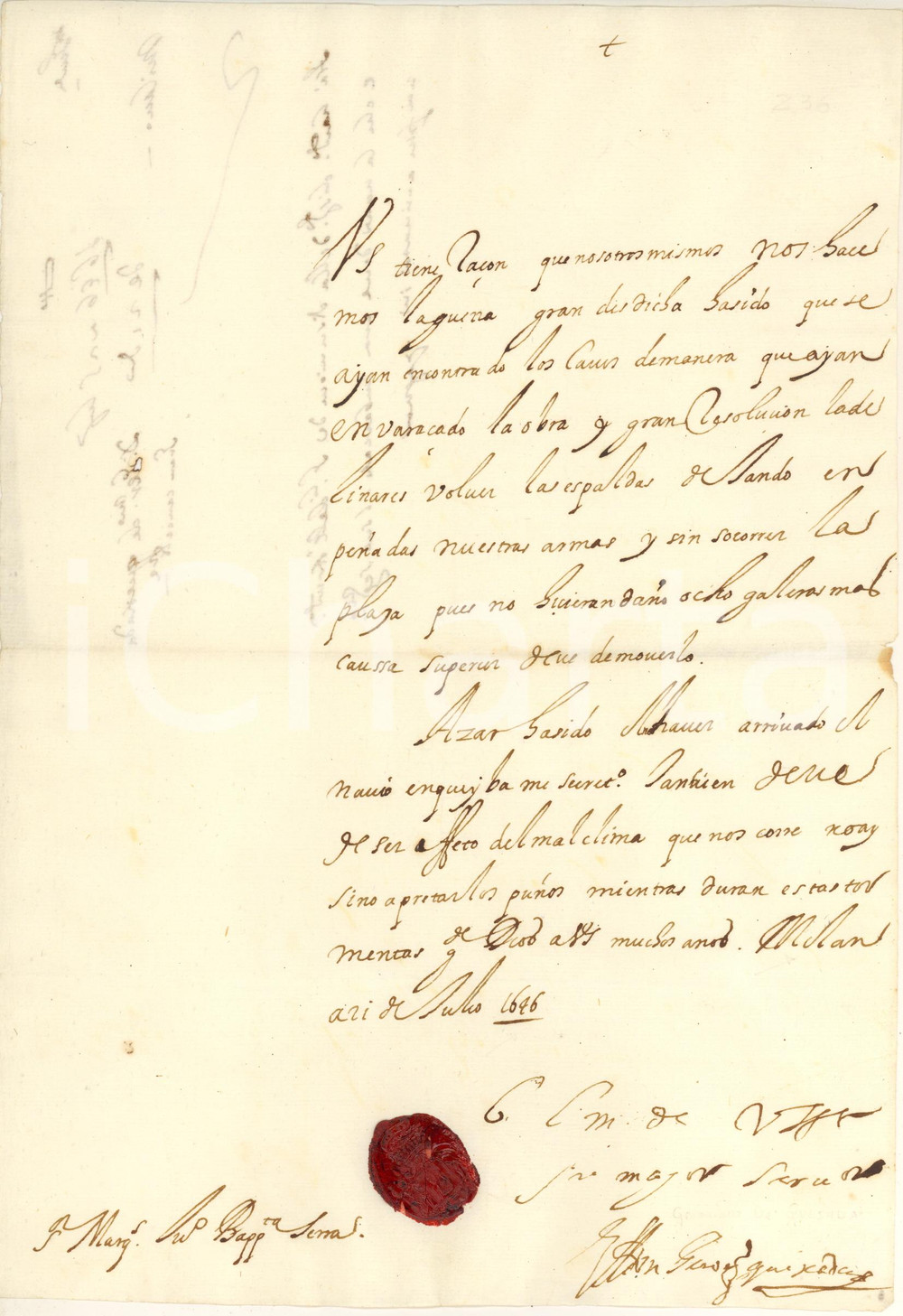 Documento originale, autentico 1646 MILANO Nobile Gerolamo QUESADA  Lettera sull Armata AUTOGRAFO 1