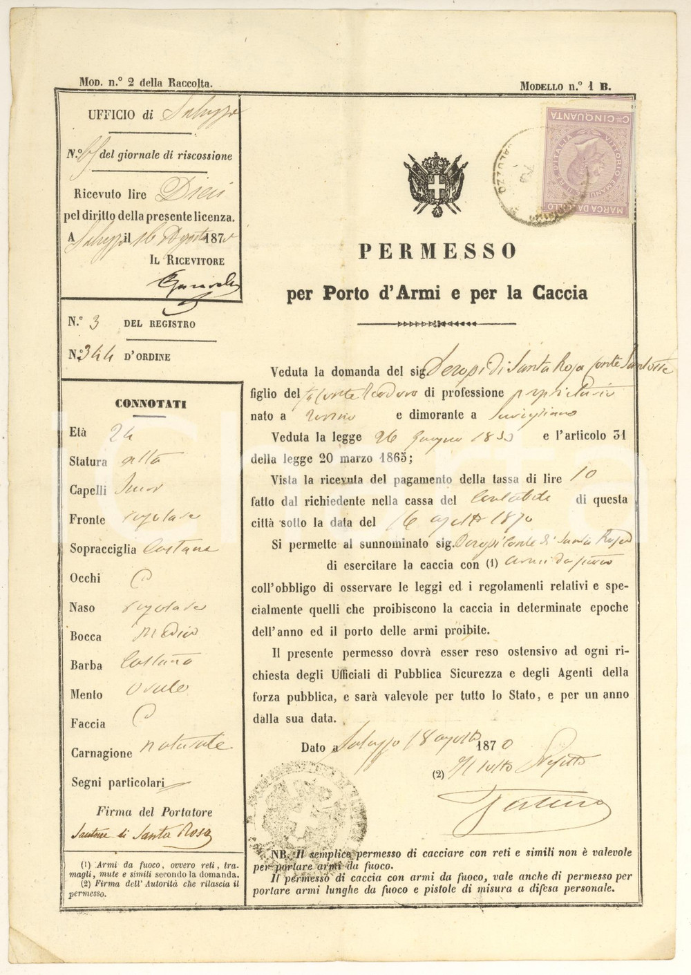 Documento originale, autentico 1870 REGNO D ITALIA SALUZZO CN Permesso per porto d armi e caccia 1
