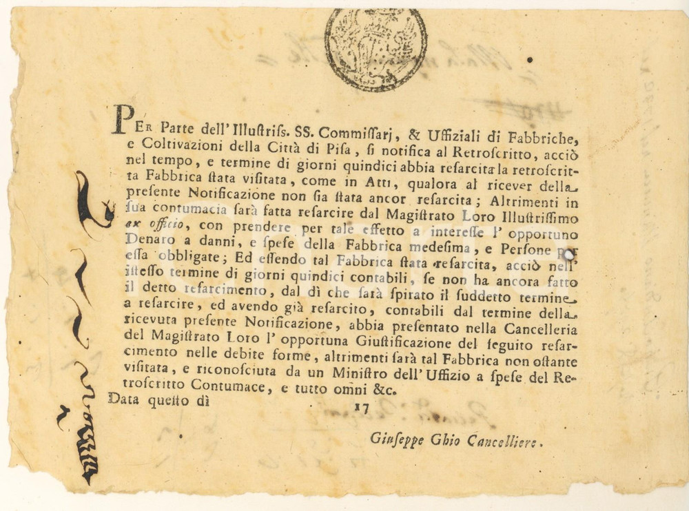 Documento originale, autentico 1732 GRANDUCATO DI TOSCANA PISA Notifica su visita fabbriche  Pietro MINUCCI 1