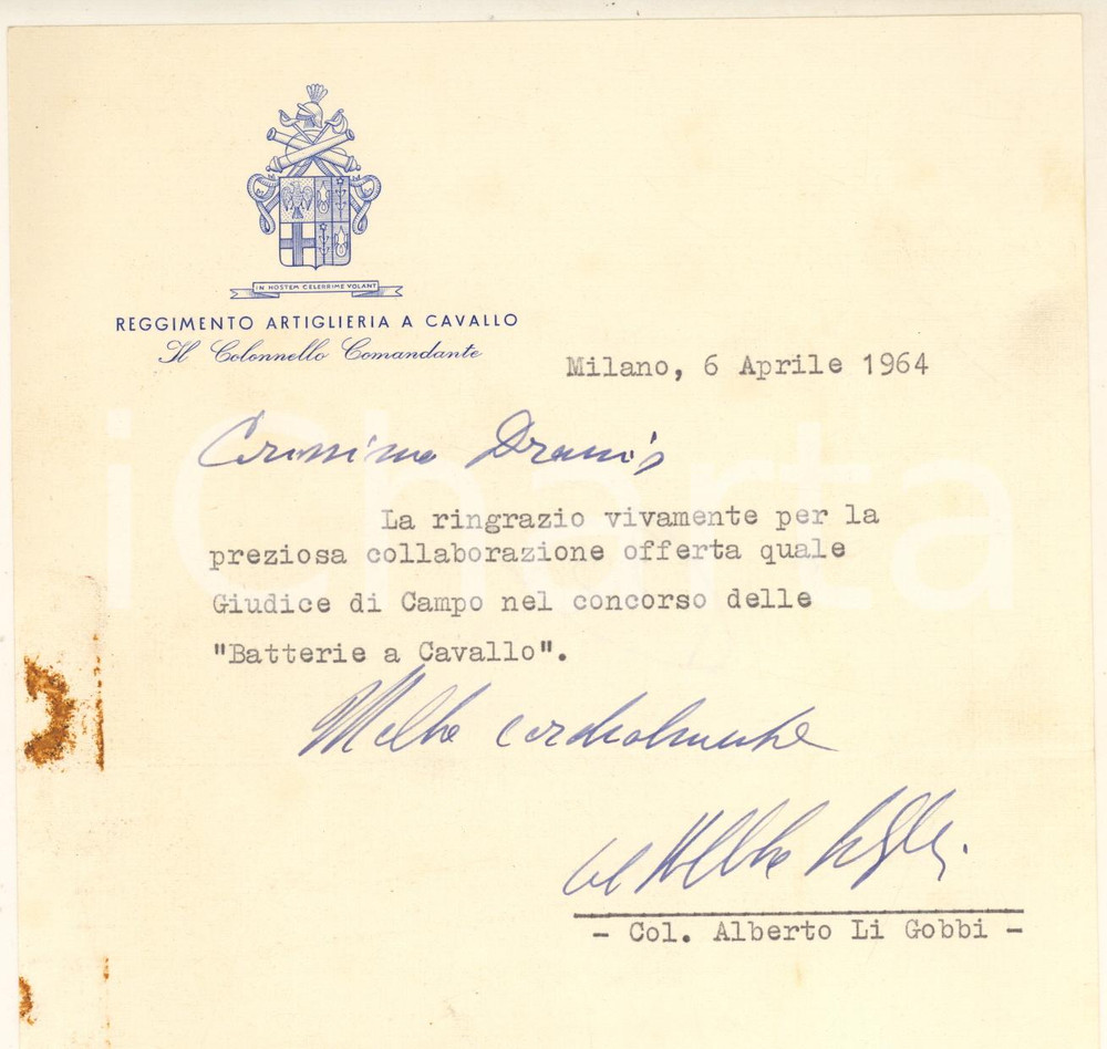 Autografo originale 1964 MILANO Lettera col. Alberto LI GOBBI  Artiglieria a cavallo  Autografo 1
