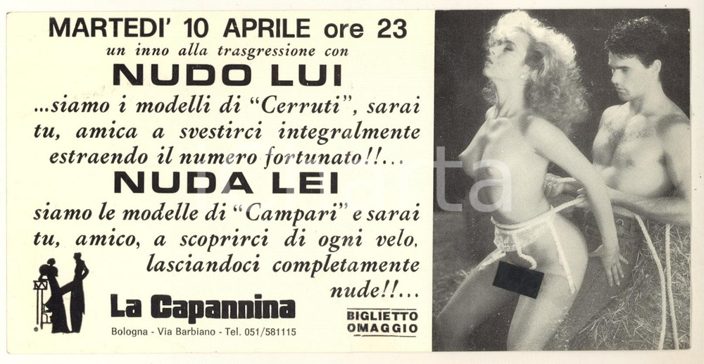 Oggetto da collezione cartaceo 1980 ca BOLOGNA LA CAPANNINA Nudo lui, nuda lei Biglietto serata modelli 1