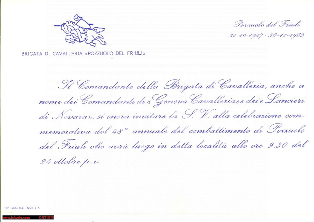 Oggetto da collezione cartaceo 1965 POZZUOLO DEL FRIULI (UD) Brigata Cavalleria invito 1