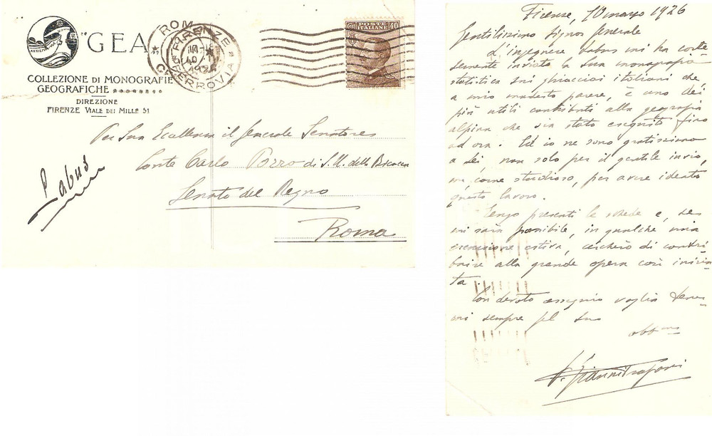 Autografo originale 1926 FIRENZE Luigi GIANNITRAPANI loda opera Carlo PORRO AUTOGRAFO 1