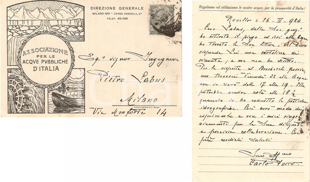 Autografo originale 1924 Carlo PORRO chiede appuntamento a Pietro LABUS Autografo 1