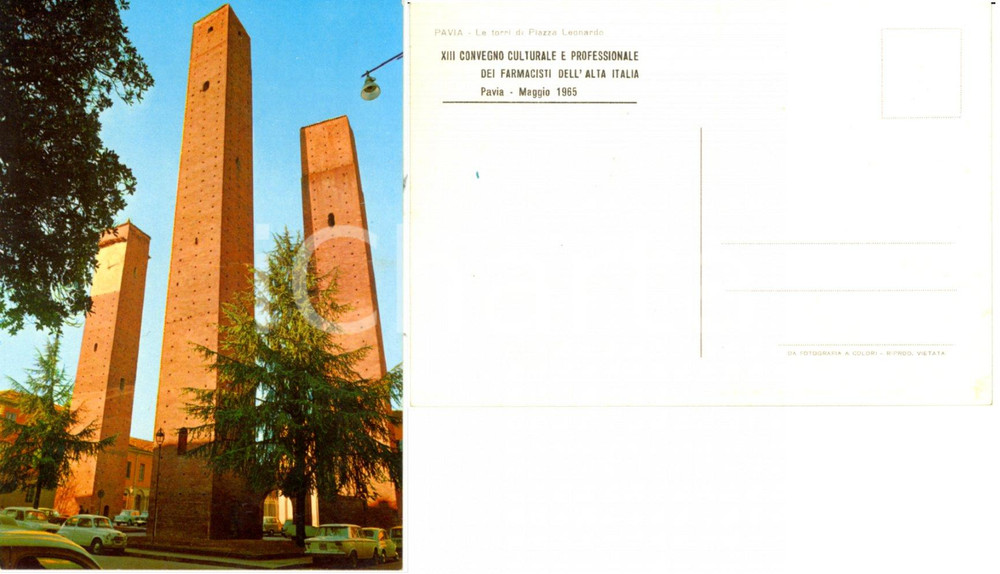 Cartolina originale da collezione 1965 PAVIA Torri di piazza LEONARDO XIII Convegno Farmacisti Alta Italia FG NV 1