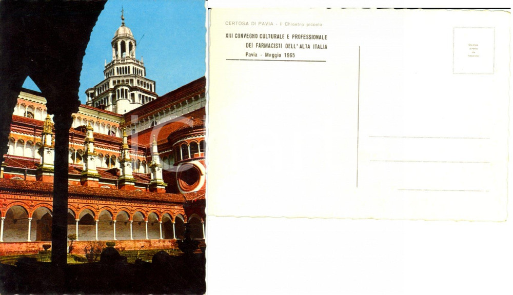 Cartolina originale da collezione 1965 PAVIA Il chiostro della certosa XIII Convegno Farmacisti Alta Italia *FG NV 1